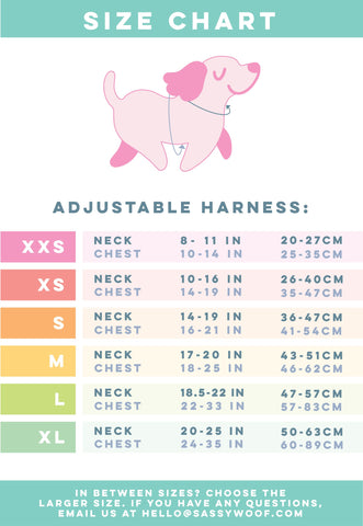 Sassy Woof Adjustable Harness Size Chart